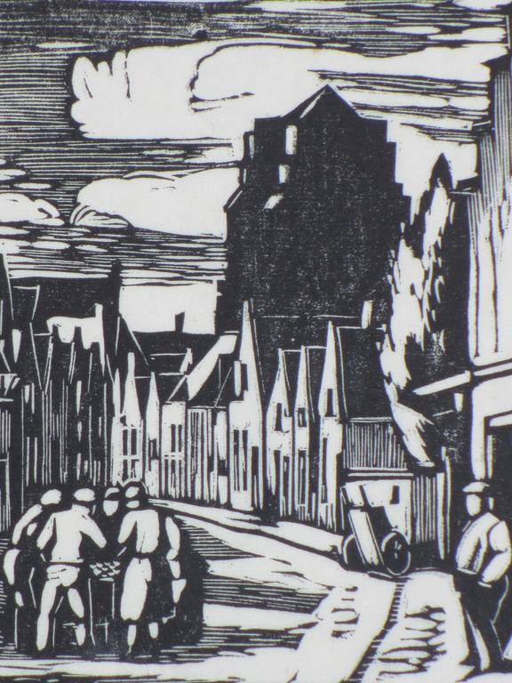 Johan Haak, Stadsgezicht met toren en figuren, Houtsnede kopen? Bied vanaf 35!