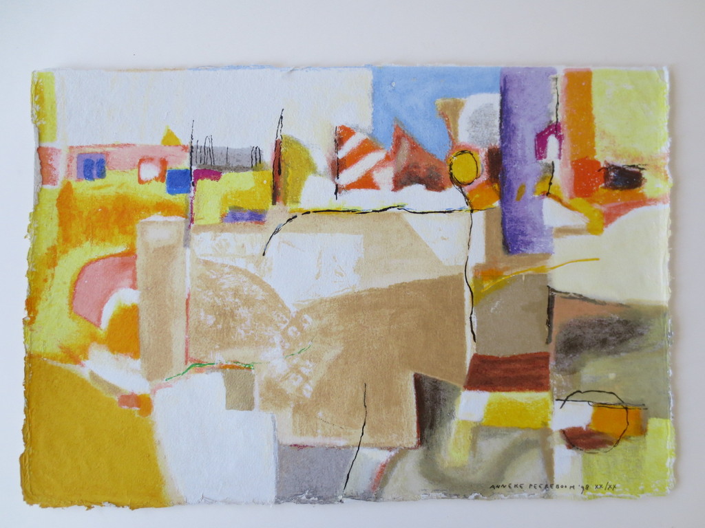 Anneke Peereboom (1950) : kleuren zeefdrukken, abstract geel verkocht voor € 85!