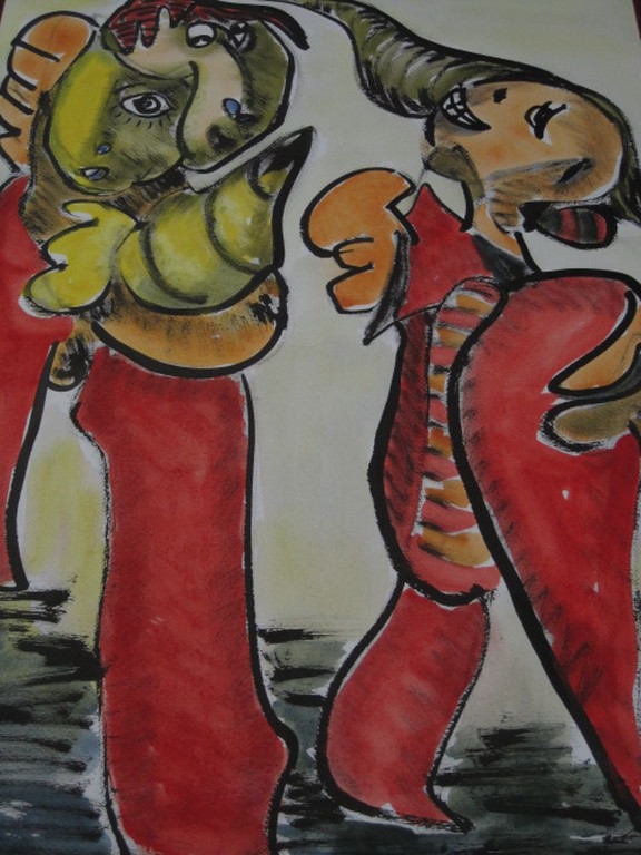 Mooie Quintus Jan Telting 1931-2003 grote gesigneerde Gouache "Life Dancers"  kopen? Bied vanaf 1!