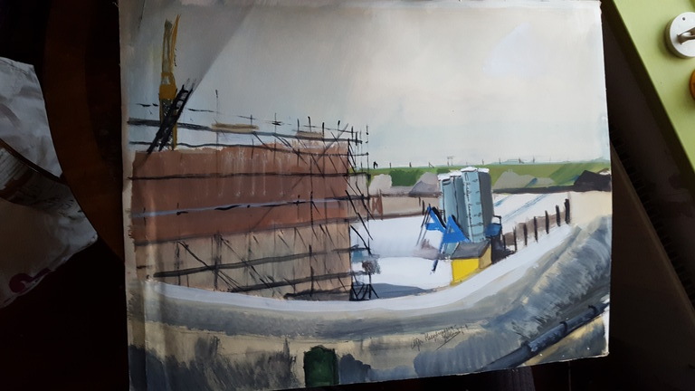 A. Huijsmans-evers: Aquarel, bouw van Coentunnel. kopen? Bied vanaf 1!