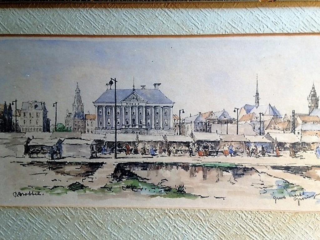 Bob Brobbel - Bob Brobbel (1907-1971) aquarel, Grote Markt Groningen verkocht voor € 45!
