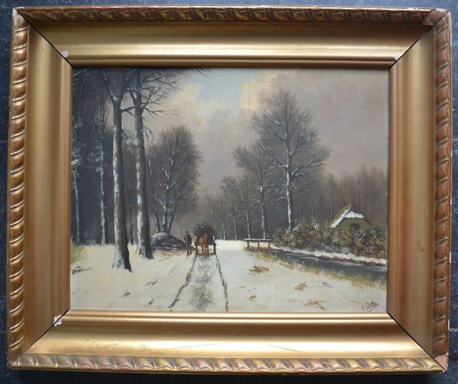 Winterlandschap op paneel, gesigneerd rechtsonder. kopen? Bied vanaf 20!