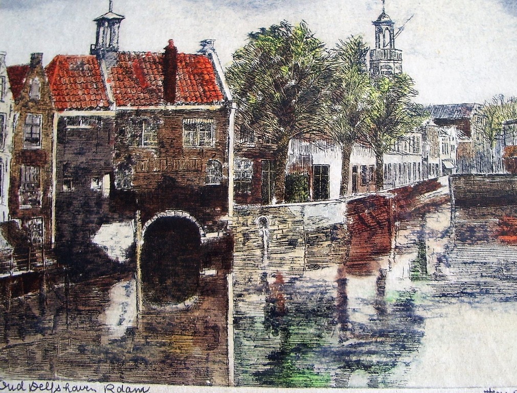 Frans de Groen, ingekleurde ets, historisch Delfshaven kopen? Bied vanaf 69!