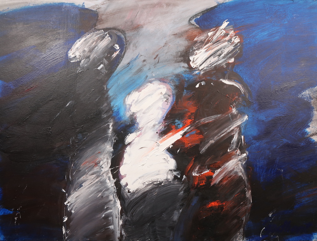 Michiel Czn Dhont; abstracte voorstelling van drie figuren, olieverf op paneel verkocht voor € 110!