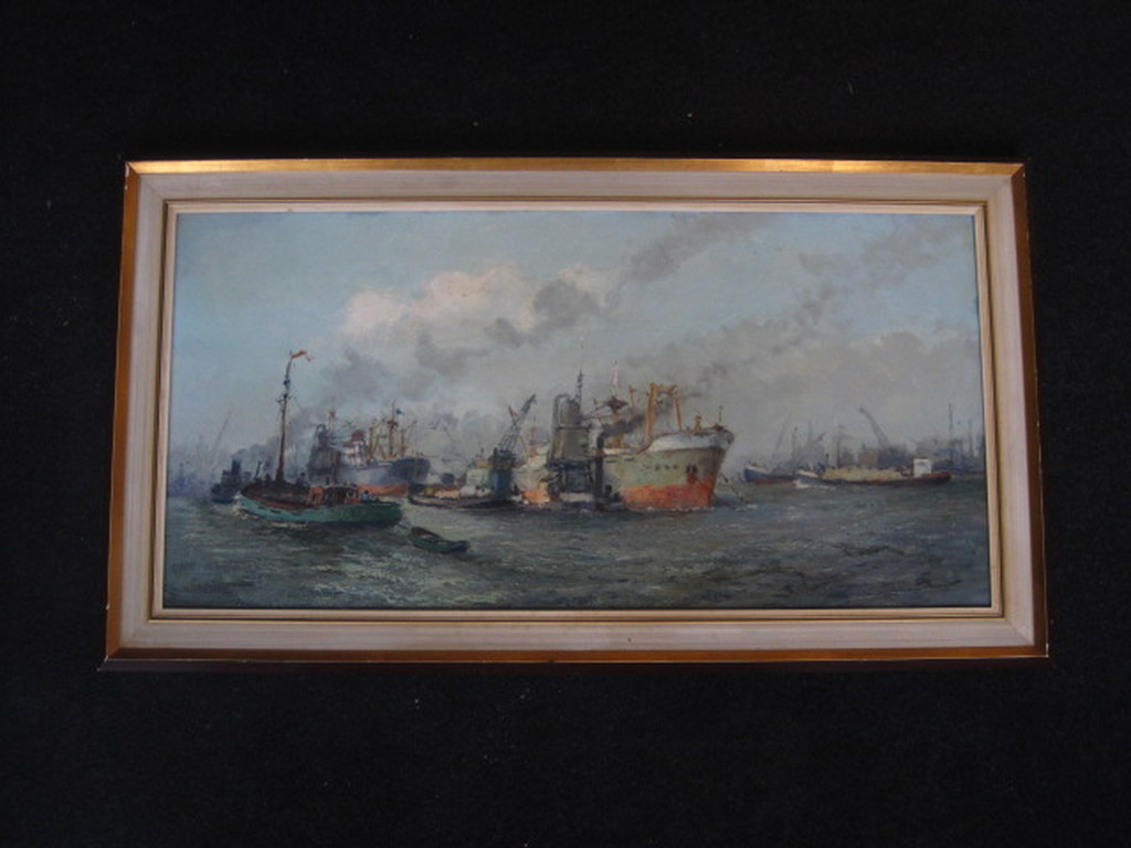 groot oud olieverf "Bedrijvigheid in haven Rotterdam" vaag gesigneerd ca. 1930 verkocht voor € 115!