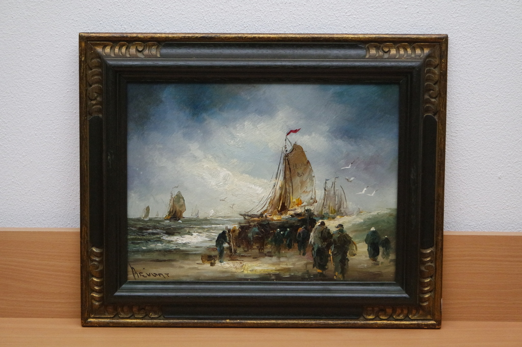 Jan Bevort (1917-1996) - olieverf op paneel - vissersboten aan de kust verkocht voor € 425!