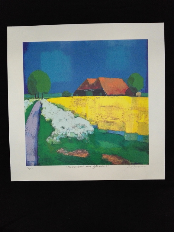 Jentsje Popma, zeefdruk op papier, Titel: koolzaadveld met fluitekruid kopen? Bied vanaf 75!