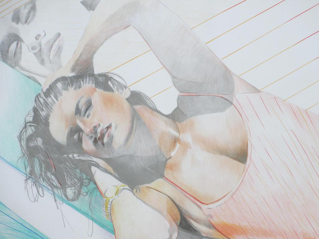 Eric Dordregter, Zonnende vrouw in badpak, Airbrush-tekening kopen? Bied vanaf 1!