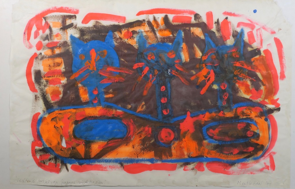 Meertje Kaal: Acryl op Japans zijde papier, Vechtende poesjes - Ingelijst kopen? Bied vanaf 1!