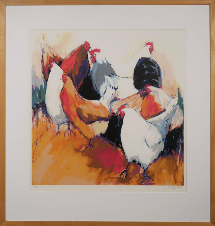 Gerda Elfring: Zeefdruk, Kippen - Ingelijst verkocht voor € 50!