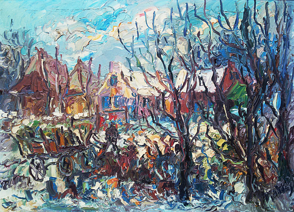 Jan Makkes - Boerderij in de winter, olieverf op doek (ingelijst) verkocht voor € 375!