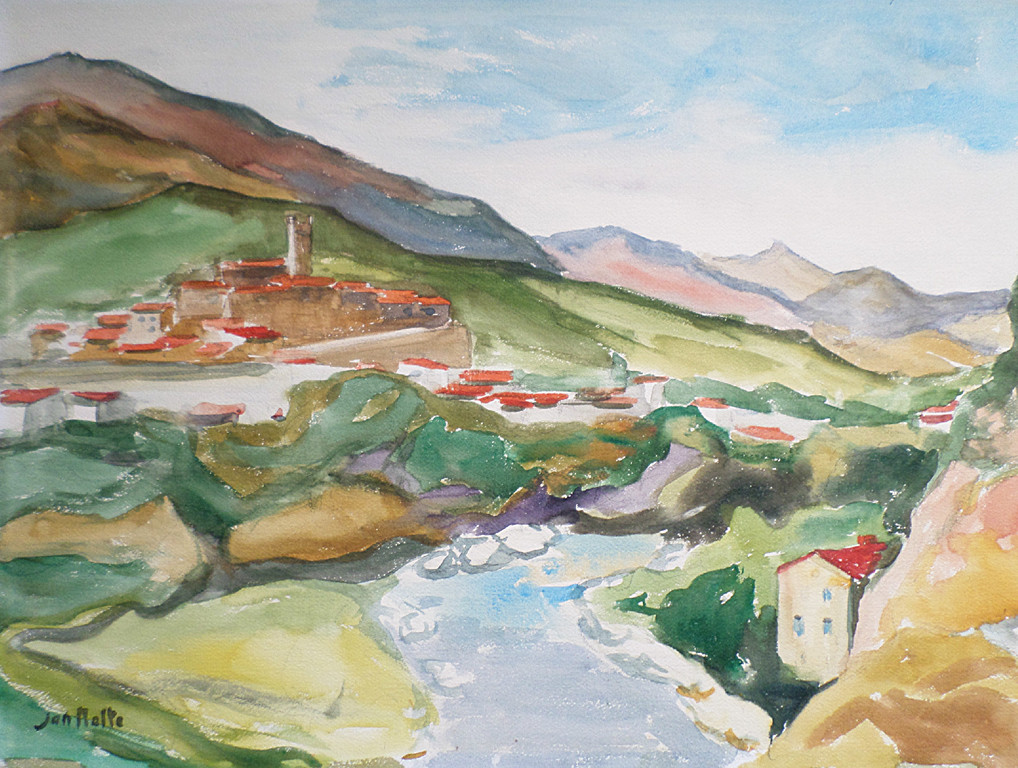 Jan Nolte – Mediterraans dorp bij rivier, aquarel kopen? Bied vanaf 75!