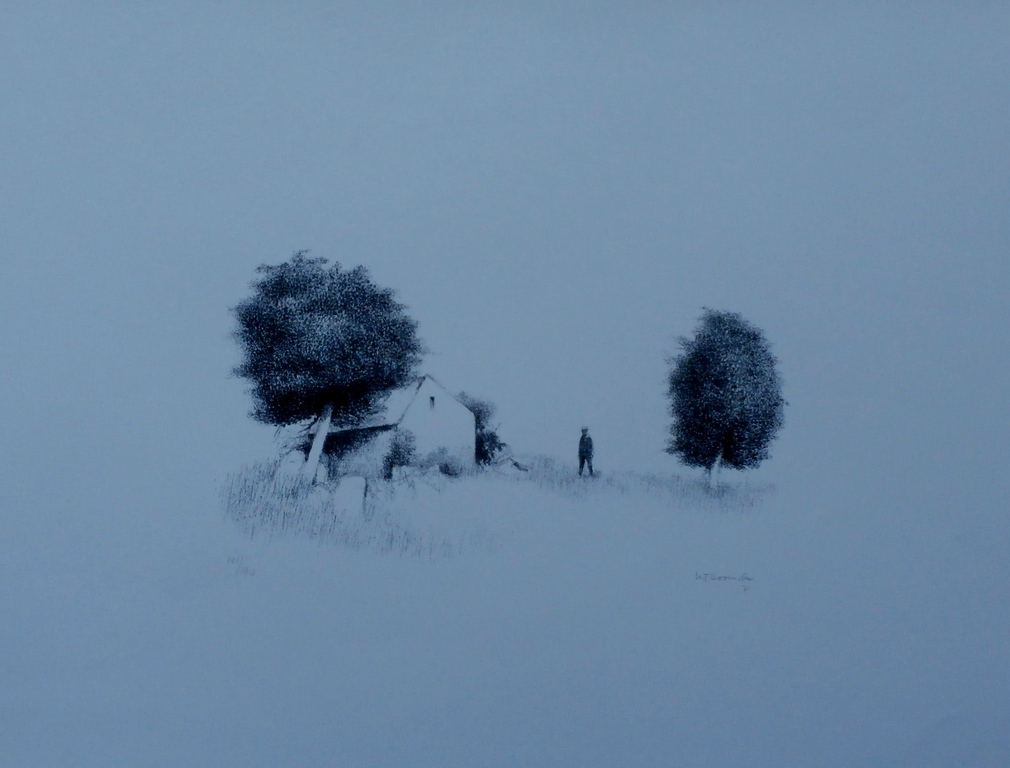 Metten Koornstra - man in landschap tussen huis en bomen - gesigneerd - 1971 verkocht voor € 85!