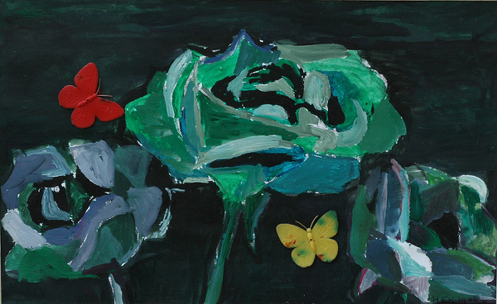 Hans Ebeling Koning, ROZEN en VLINDERS, collage op gouache verkocht voor € 150!