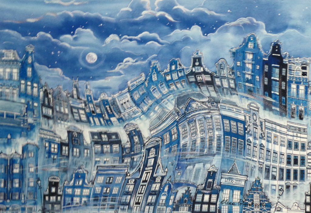 Elena Polyakova - Elena Polyakova: Nacht in Amsterdam, Gemengde techniek verkocht voor € 90!