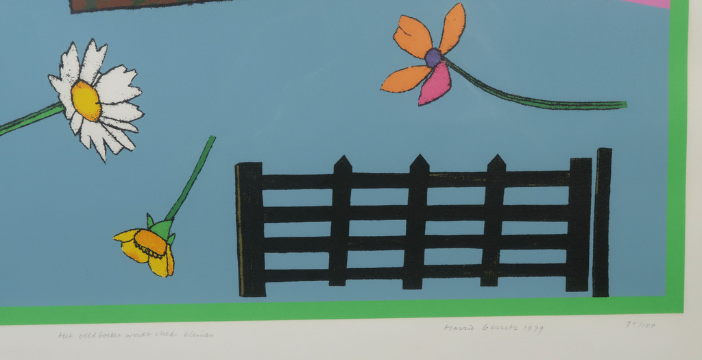 Harrie Gerritz: Zeefdruk, Het veldboeket wordt steeds kleiner - Ingelijst kopen? Bied vanaf 40!