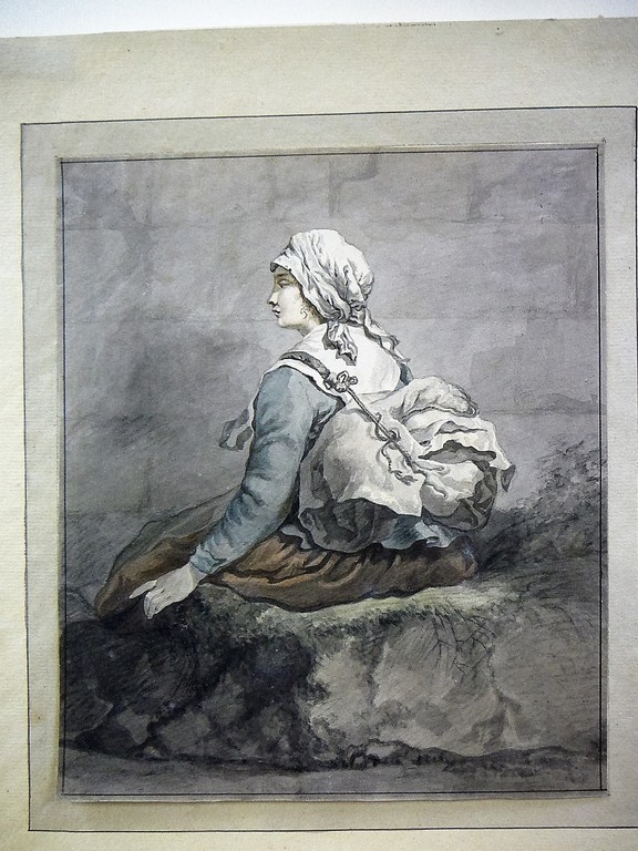 Prachtige Aquarel Meisje op rots met rugzak begin 19e eeuw  verkocht voor € 100!