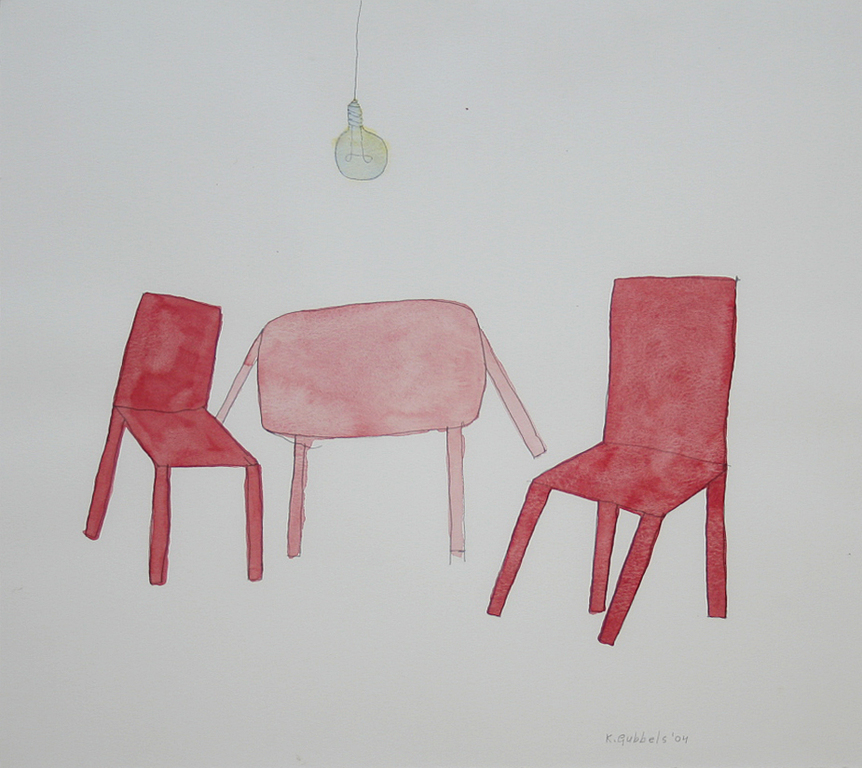 Klaas Gubbels, aquarel, tafel met stoel onder lamp kopen? Bied vanaf 650!
