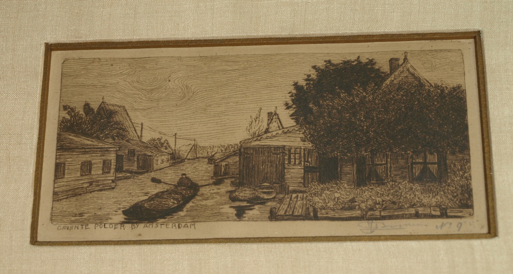 Onduidelijke signatuur : Ets , Groentepolder bij Amsterdam – Ingelijst – ca 1940 kopen? Bied vanaf 1!