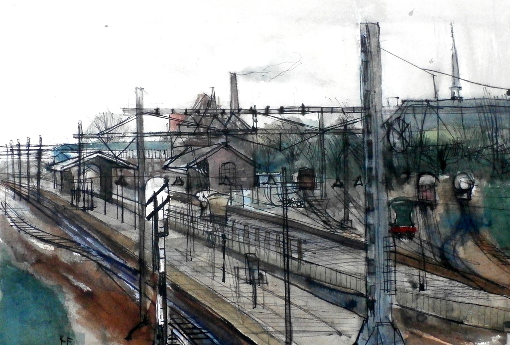 Kees Franse - aquarel: station (Utrecht? )- 1964 kopen? Bied vanaf 75!