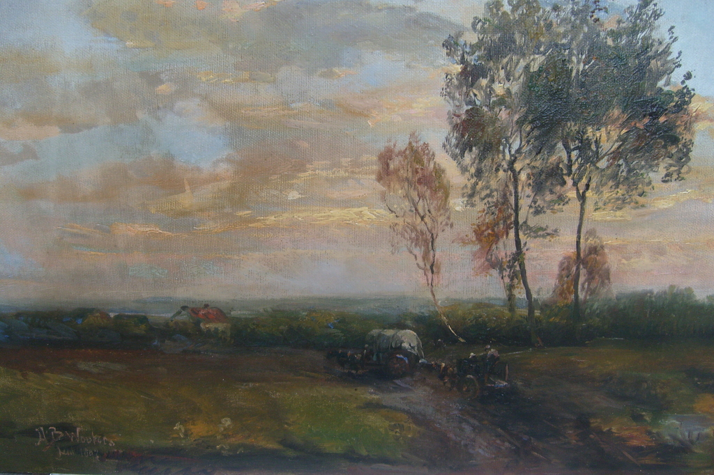 A.J.B.Wouters,olieverf op linnen, paard en wagens in landschap kopen? Bied vanaf 125!