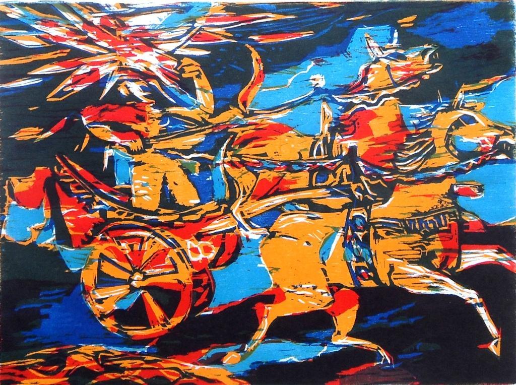 Jan Mensinga:strijdwagen met paarden (kleurenhoutsnede) kopen? Bied vanaf 1!