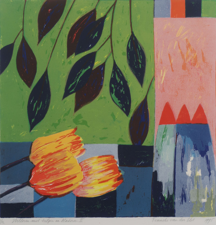 Fenneke van der Elst: Litho, Stilleven met tulpen en bladeren II - Ingelijst kopen? Bied vanaf 1!