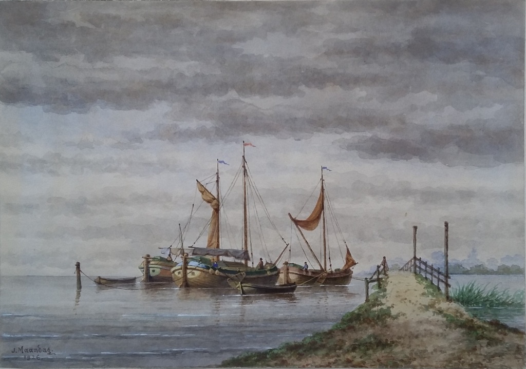 Jan Maandag - aquarel - rivier met zeilschepen - gesigneerd verkocht voor € 110!