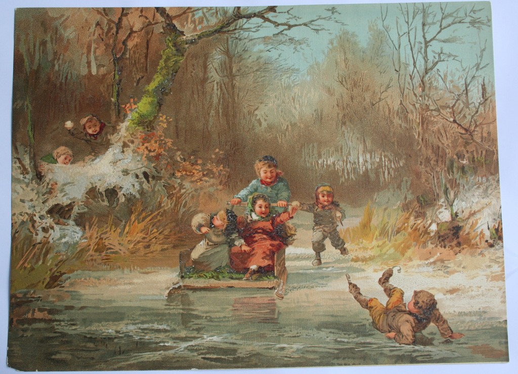 Lithografie - winters tafereel met spelende kinderen kopen? Bied vanaf 1!