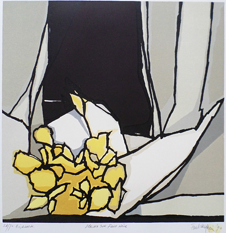 Fon Klement - Fleurs sur fond noir, boardsnede (prachtig ingelijst) verkocht voor € 220!