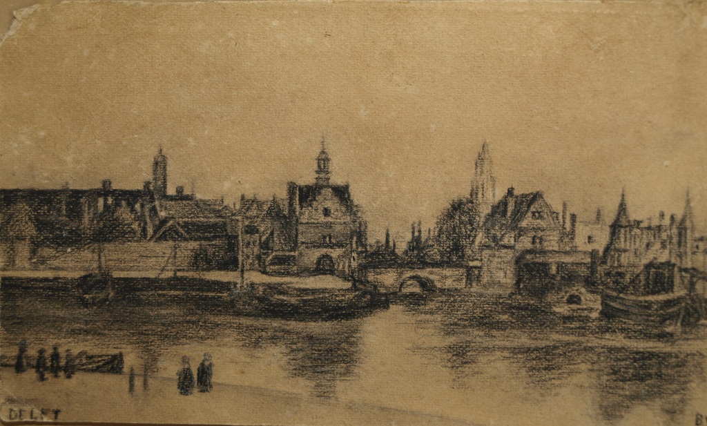 Monogram BVF of BVT : Tekening – Stadsgezicht Delft – Ingelijst - Oud kopen? Bied vanaf 1!