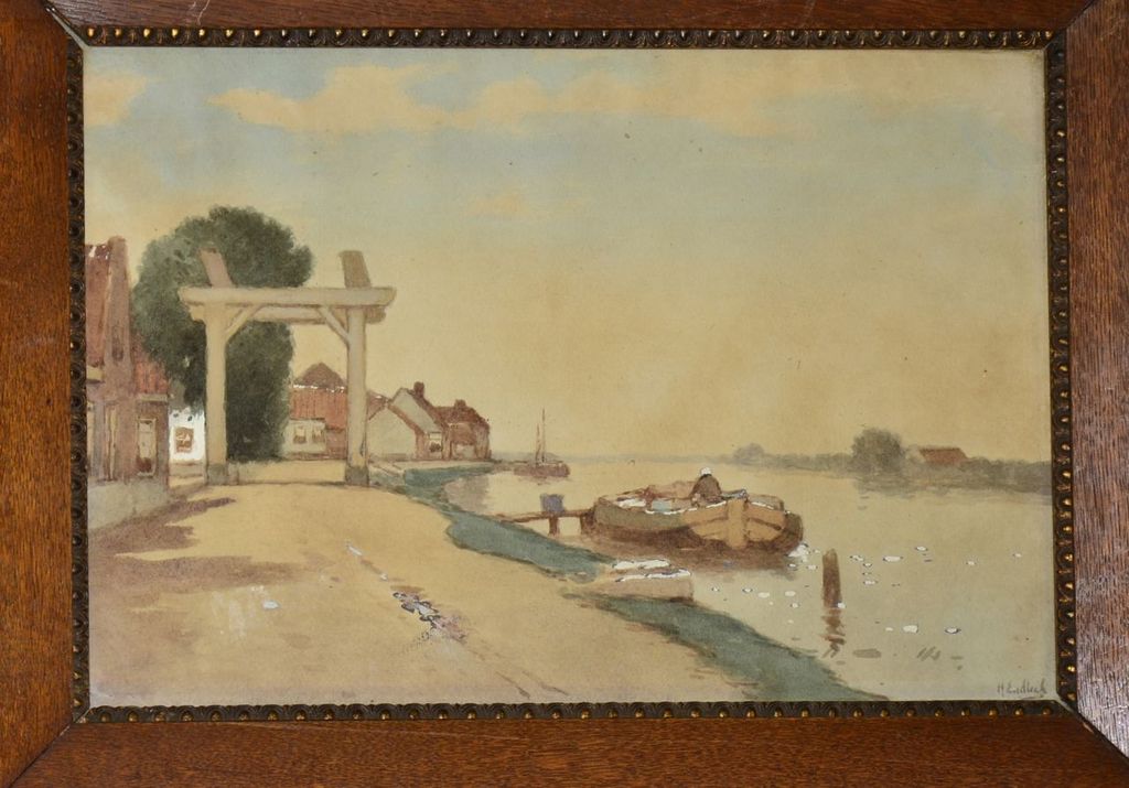 Henri Endlich: Aquarel. Vaart langs een dorp kopen? Bied vanaf 70!
