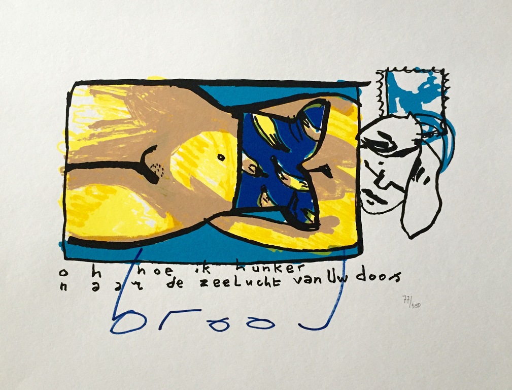 HERMAN BROOD, grote gelimiteerde en handgesign. zeefdruk 'Hunker zeelucht doos' verkocht voor € 146!