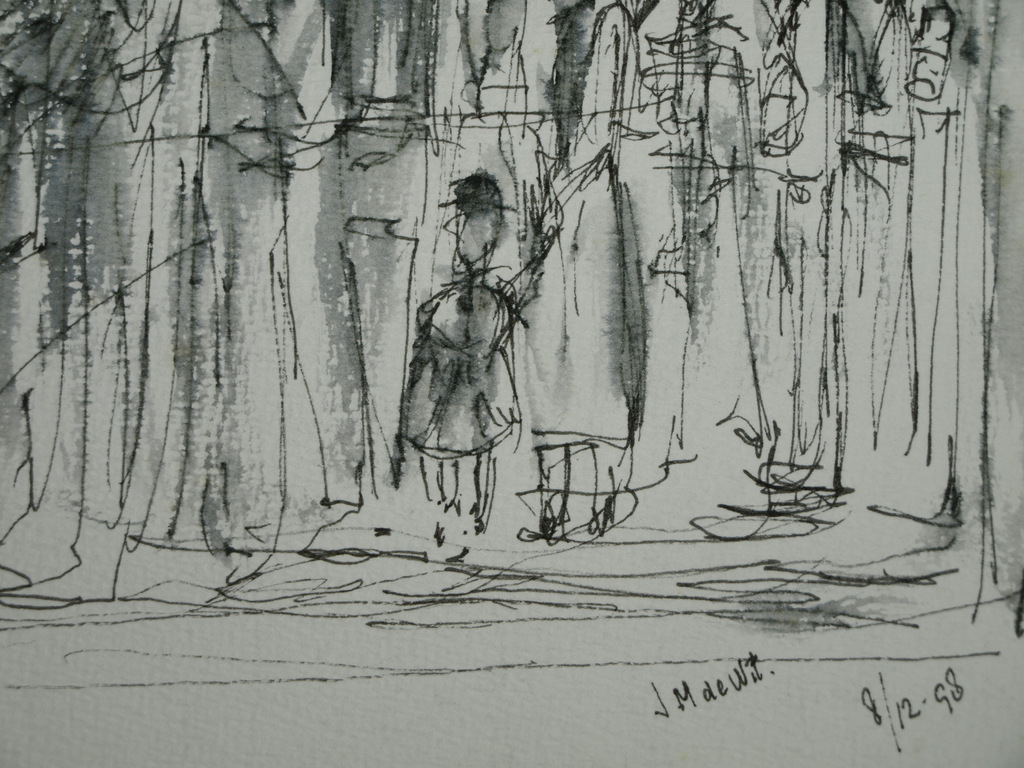 J. M. de Wit - Pentekening –Mensen in de rij– Ingelijst -1998  kopen? Bied vanaf 1!