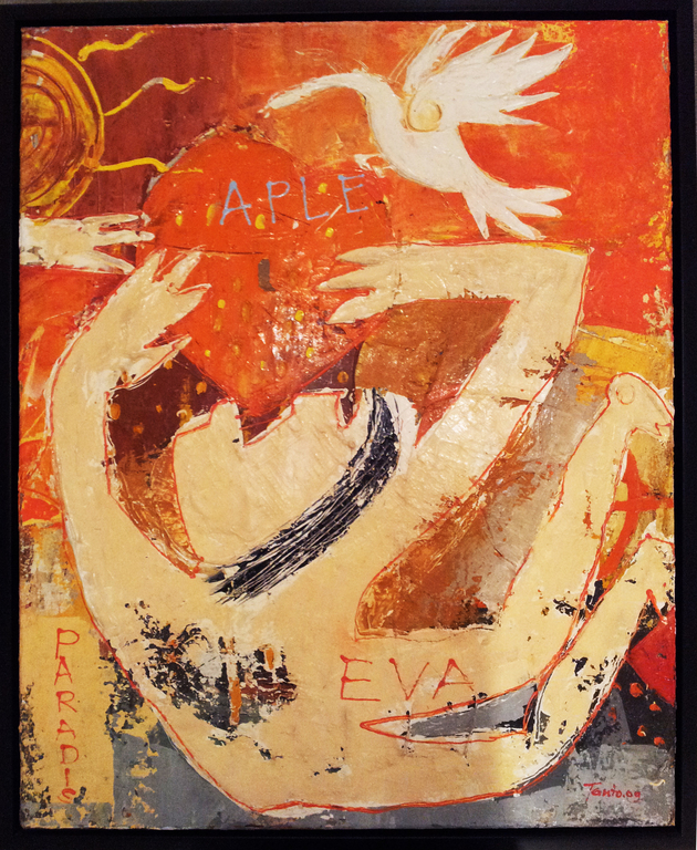 Roy Tanto - acrylverf op canvas - 'Adam en Eva in het paradijs kopen? Bied vanaf 100!