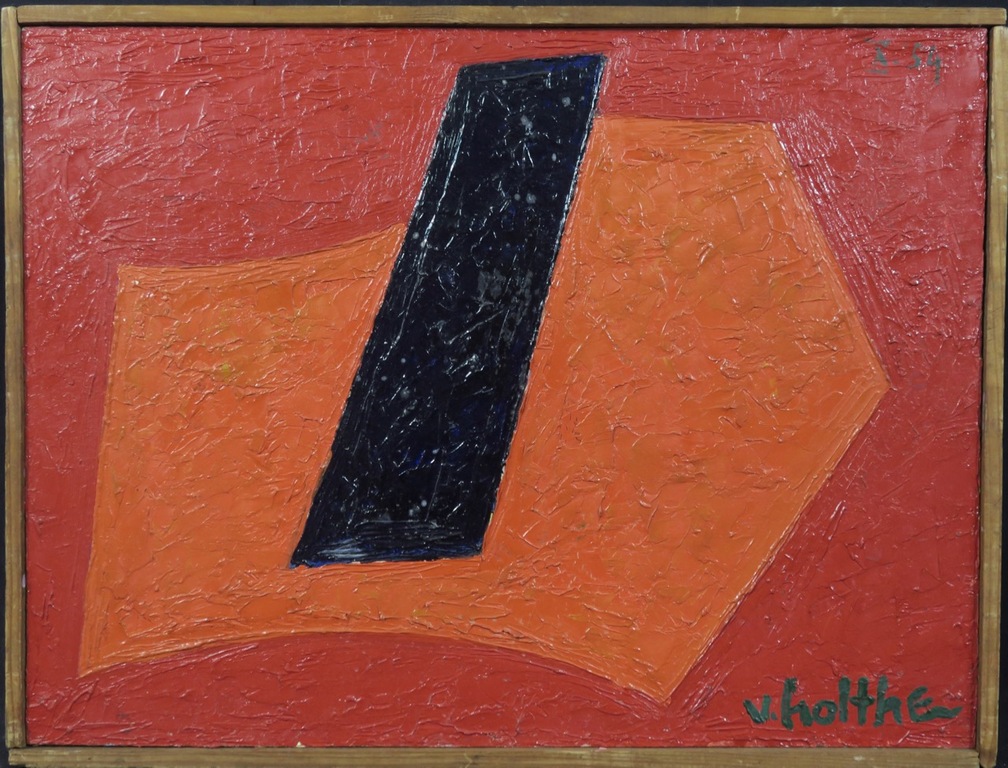 Jan van Holthe: Olieverf op board, Abstrait I Noir sur rouge - Ingelijst kopen? Bied vanaf 50!
