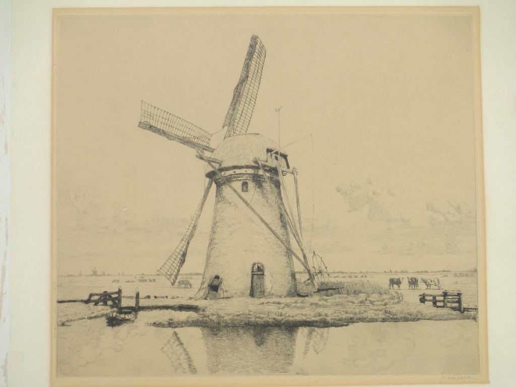 Maurits van der Valk, Molen in puur Hollands landschap, Ets verkocht voor € 35!