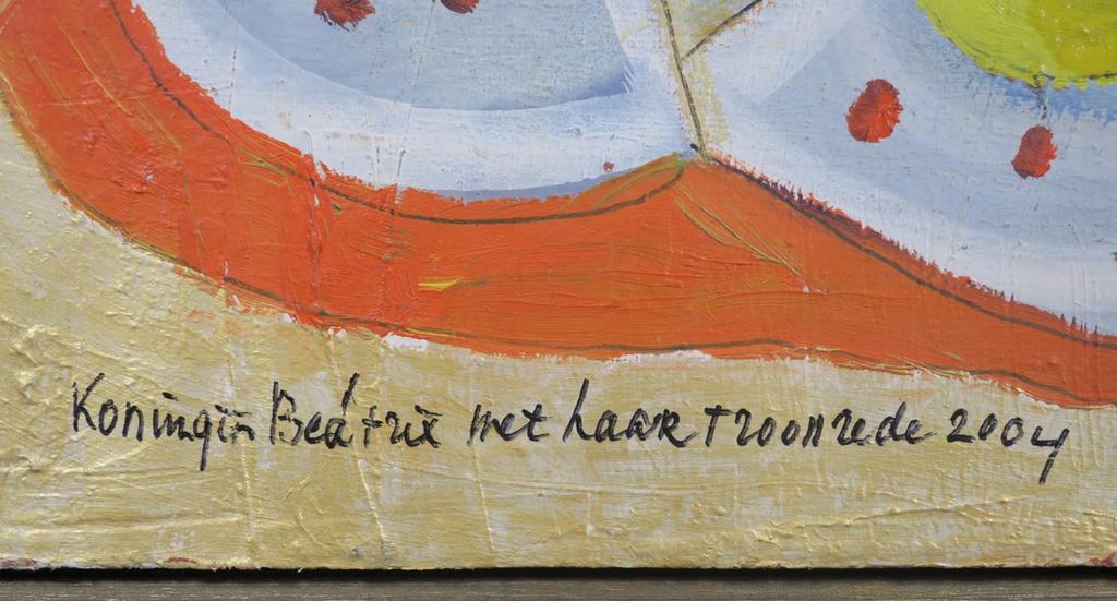 Meertje Kaal: Olieverf en collage op doek, Koningin Beatrix met.. - Ingelijst kopen? Bied vanaf 1!