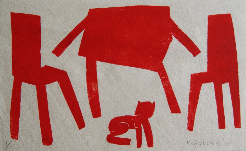 Klaas Gubbels houtdruk 'Interieur met poes' - 2001- oplage 1 exemplaar. verkocht voor € 250!