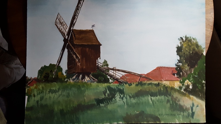 A. Huijsmans-evers: Aquarel, molen in landschap kopen? Bied vanaf 1!