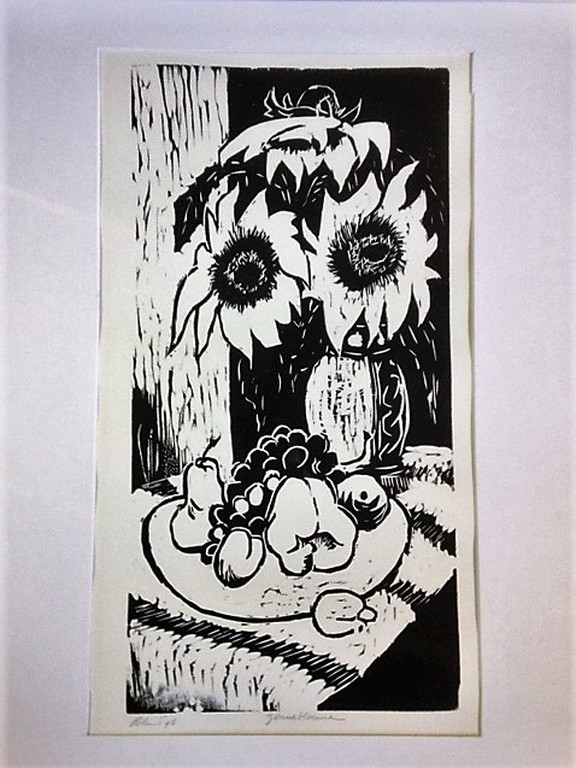 G. Roland, houtsnede, Zonnebloemen kopen? Bied vanaf 10!
