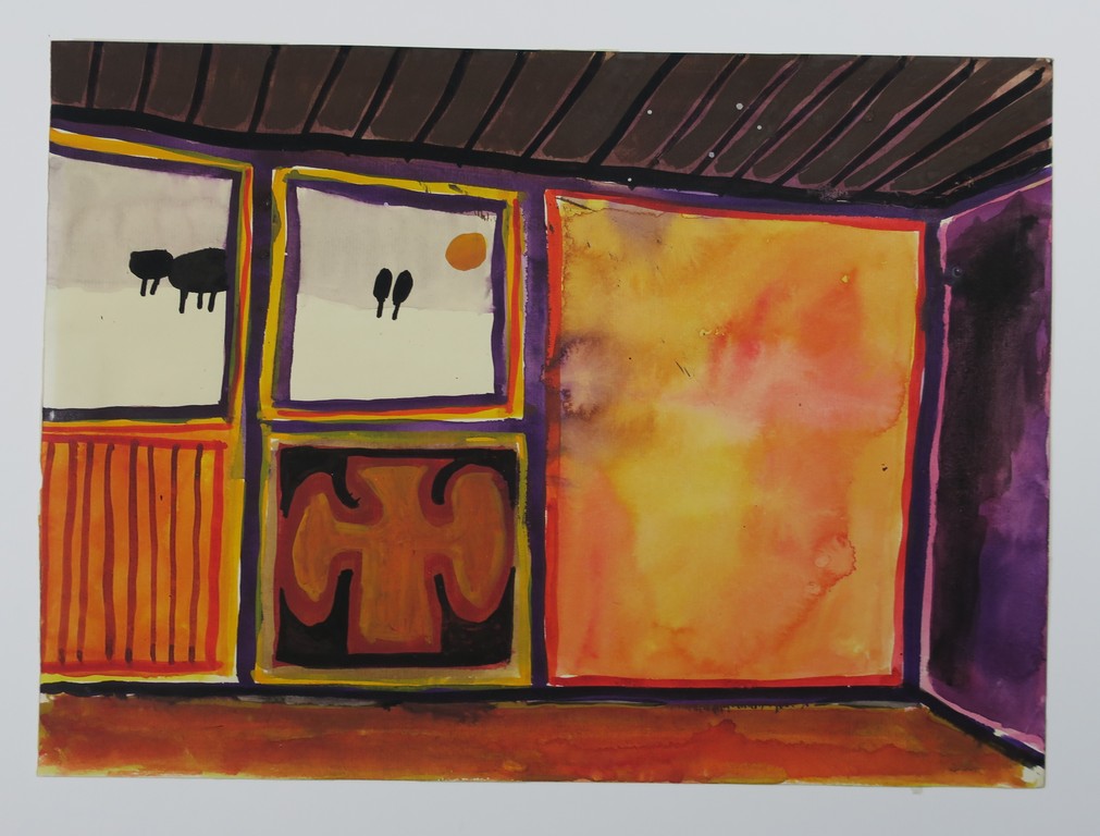 Jeroen Henneman: Aquarel en inkt, Interieur met uitzicht op een sneeuwlandschap verkocht voor € 500!