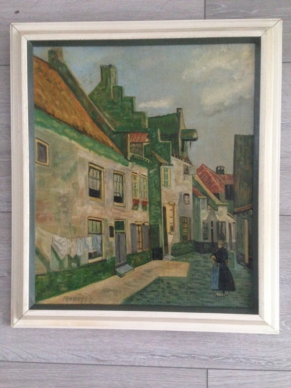 M. van Hoff - Vrouw in straatje - Olieverf op doek - in lijst - Gesigneerd kopen? Bied vanaf 20!