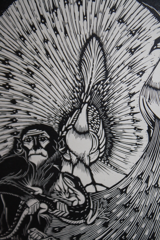 JAN SCHONK - ART DECO HOUTSNEDE 1926 aap en pauw verkocht voor € 40!