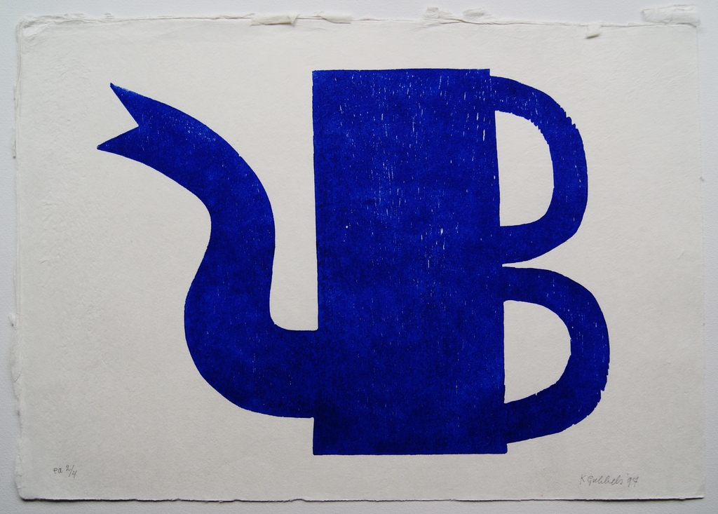 Klaas Gubbels houtdruk 'Blauwe kan met dubbel oor' - 1997. verkocht voor € 375!