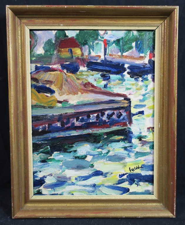 Jan van Holthe: Olieverf op board, Petit port d'Amsterdam - Ingelijst verkocht voor € 50!