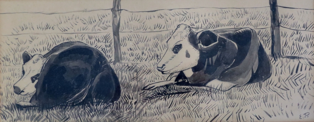 Edith Pijpers (1886-1963) - Inkt/aquarel Liggende koeien verkocht voor € 70!