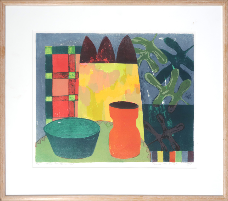 Fenneke van der Elst: Kleurenlitho, Stilleven met blad en bord - Ingelijst kopen? Bied vanaf 1!