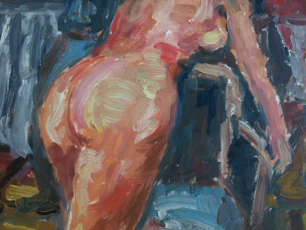 Gesigneerd: Verburgt : Olieverf op doek , NAAKT OP HET TERRAS – 2000 kopen? Bied vanaf 1!