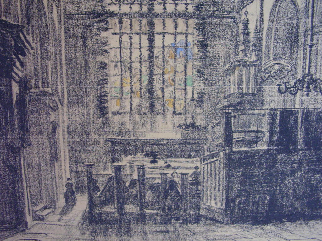 B.A. Bongers: grote krijttekening met aquarel, kerkinterieur kopen? Bied vanaf 100!